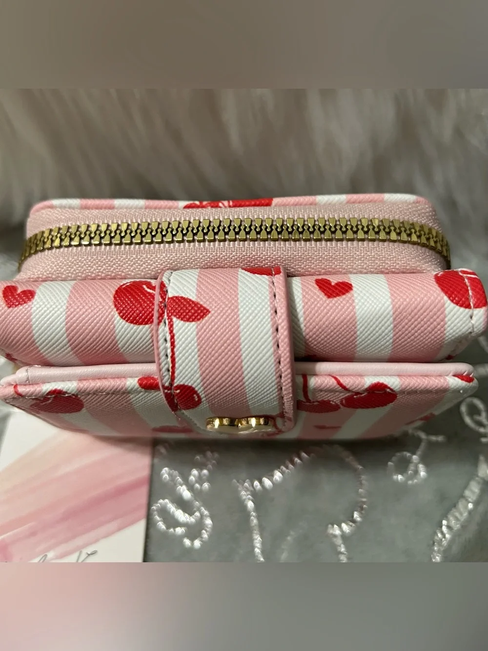 NWT Blush Kiss Size 4’x4’, Pink & White Stripe Cherry Wallet w/Gold Heart Accent